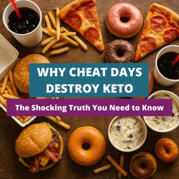 A messy tabletop overflowing with high-carb cheat foods like pizza, fries, donuts, and soda. Text overlay reads “Why Cheat Days Destroy Keto – The Shocking Truth You Need to Know.”