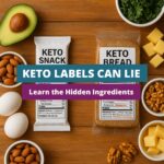 Flat lay of keto packaged foods with FDA-style nutrition labels and whole keto ingredients like avocado, eggs, and nuts. Text overlay reads “Keto Labels Can Lie – Learn the Hidden Ingredients.”